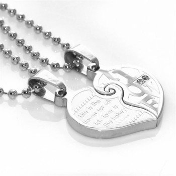 NSA|Acciaio : 2 collane complete cuore spezzato puzzle  scritta "I Love You"con zirconi bianchi per uomo e donna