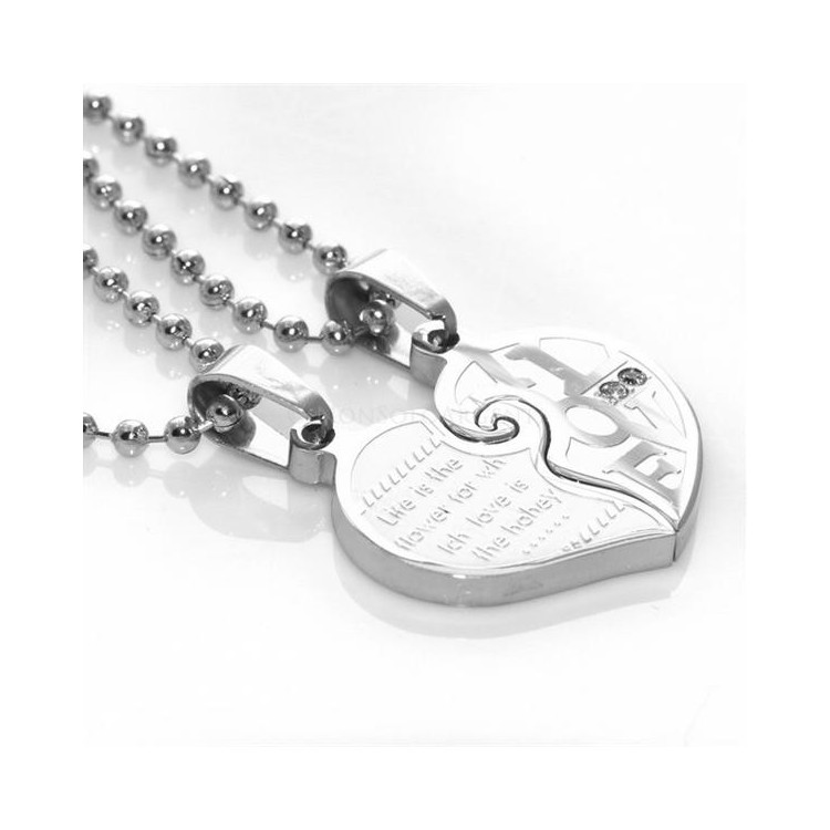 NSA|Acciaio : 2 collane complete cuore spezzato puzzle  scritta "I Love You"con zirconi bianchi per uomo e donna