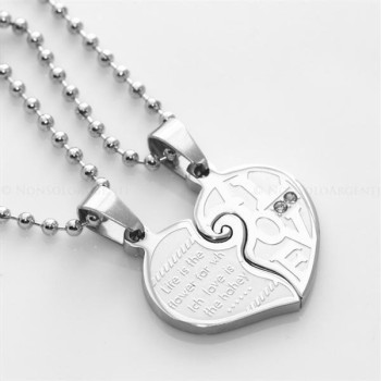 NSA|Acciaio : 2 collane complete cuore spezzato puzzle  scritta "I Love You"con zirconi bianchi per uomo e donna