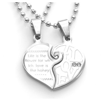NSA|Acciaio : 2 collane complete cuore spezzato puzzle  scritta "I Love You"con zirconi bianchi per uomo e donna