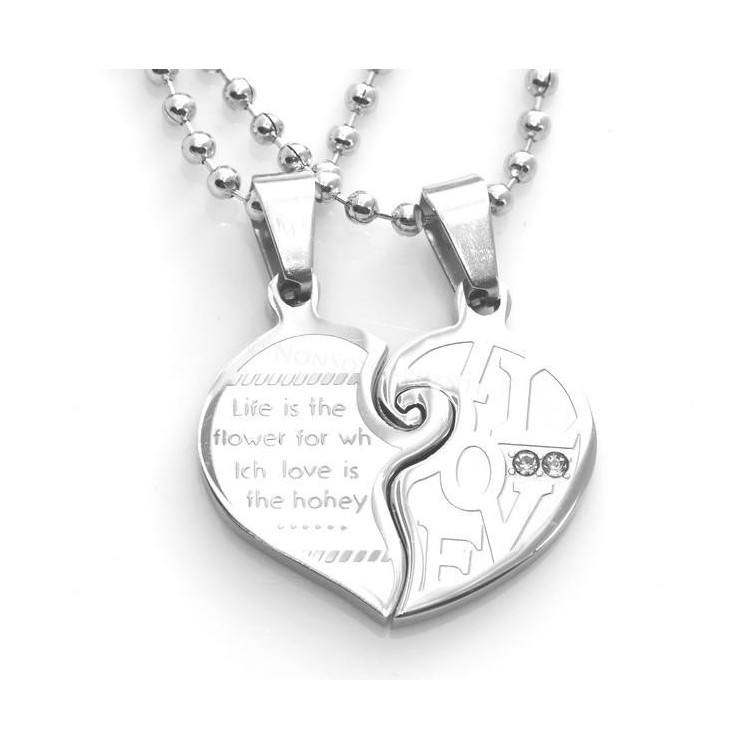 NSA|Acciaio : 2 collane complete cuore spezzato puzzle  scritta "I Love You"con zirconi bianchi per uomo e donna