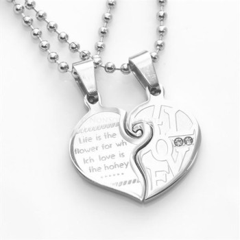 NSA|Acciaio : 2 collane complete cuore spezzato puzzle  scritta "I Love You"con zirconi bianchi per uomo e donna