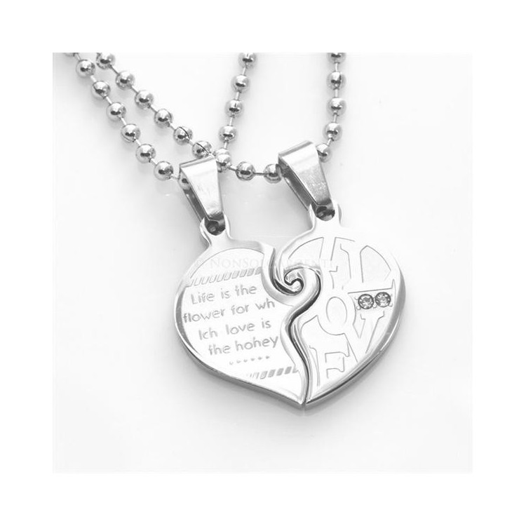 NSA|Acciaio : 2 collane complete cuore spezzato puzzle  scritta "I Love You"con zirconi bianchi per uomo e donna