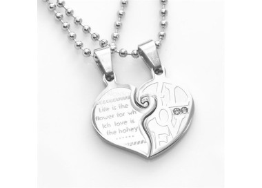 NSA|Acciaio : 2 collane complete cuore spezzato puzzle  scritta "I Love You"con zirconi bianchi per uomo e donna