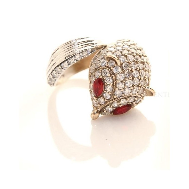 NSA|Argento 925 : Anello 2 colori regolabile Fox Volpe zirconi e navette rosso rubino mis 17