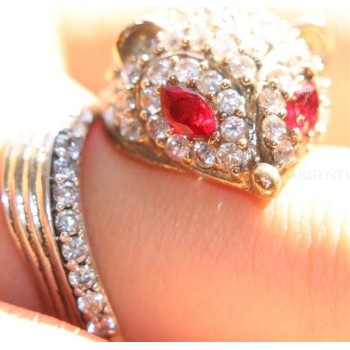 NSA|Argento 925 : Anello 2 colori regolabile Fox Volpe zirconi e navette rosso rubino mis 17