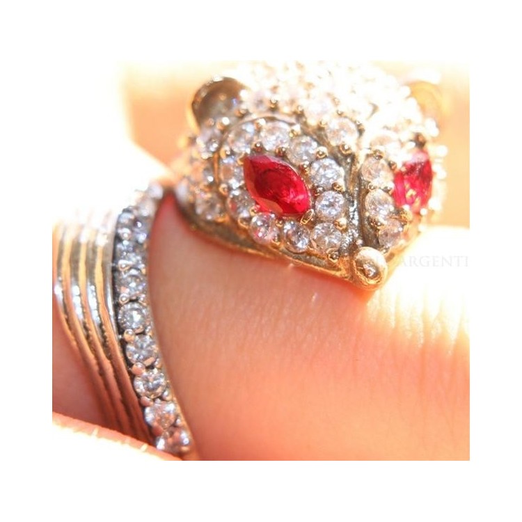 NSA|Argento 925 : Anello 2 colori regolabile Fox Volpe zirconi e navette rosso rubino mis 17