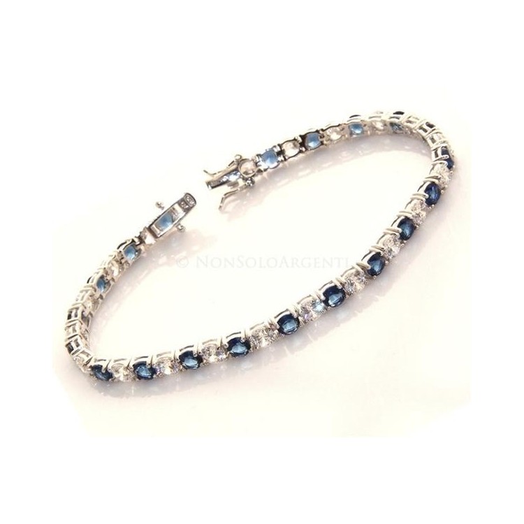 NSA|Argento 925 : Bracciale Tennis Con Zirconi bianchi e blue blu da 4 mm / 18 cm a griffe