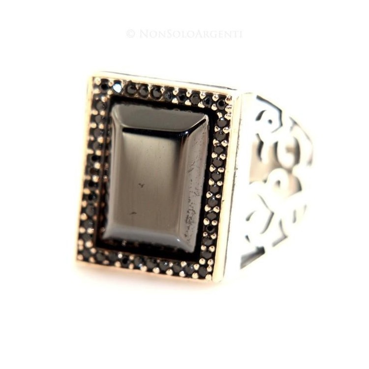 NSA|Anello argento 925 onice rettangolare zirconi neri fascia lavorata misura 24