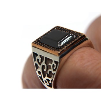 NSA|Anello argento 925 onice rettangolare zirconi neri fascia lavorata misura 24