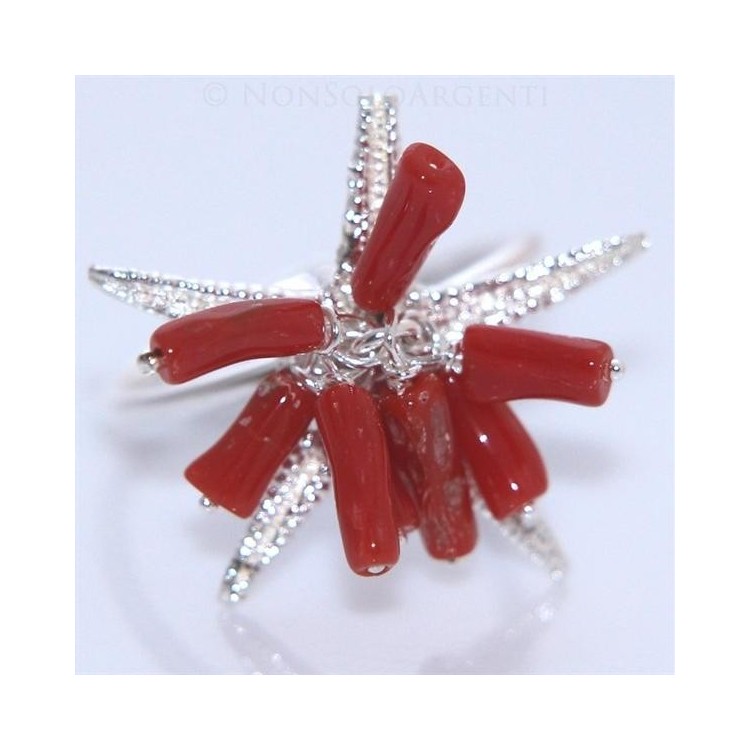 NSA|Argento 925 : Anello donna regolabile realizzato a mano con ciuffo di Corallo Naturale