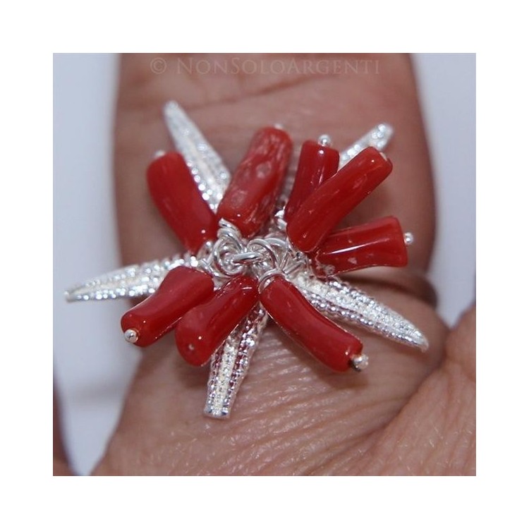 NSA|Argento 925 : Anello donna regolabile realizzato a mano con ciuffo di Corallo Naturale