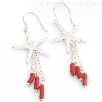 NSA|Orecchini donna Argento 925 stella marina grande e ciondoli barilotti di corallo verace