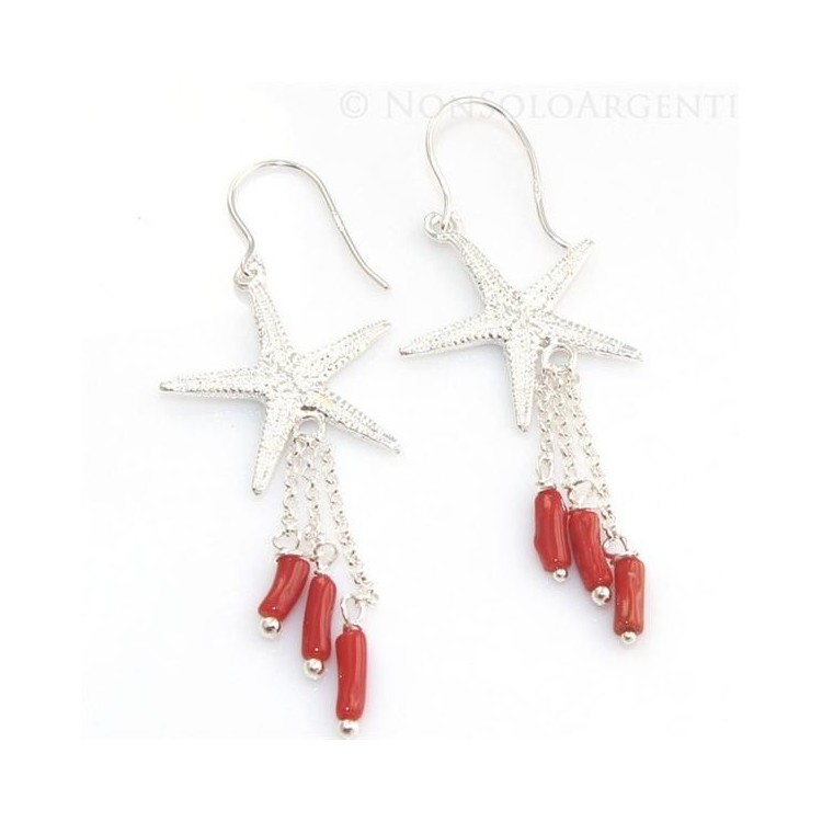 NSA|Orecchini donna Argento 925 stella marina grande e ciondoli barilotti di corallo verace