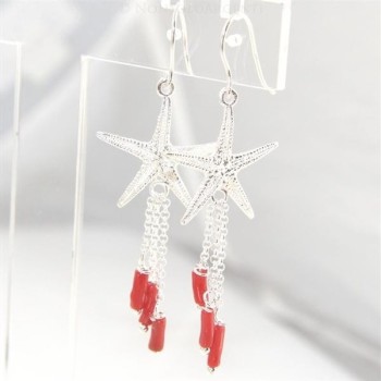 NSA|Orecchini donna Argento 925 stella marina grande e ciondoli barilotti di corallo verace