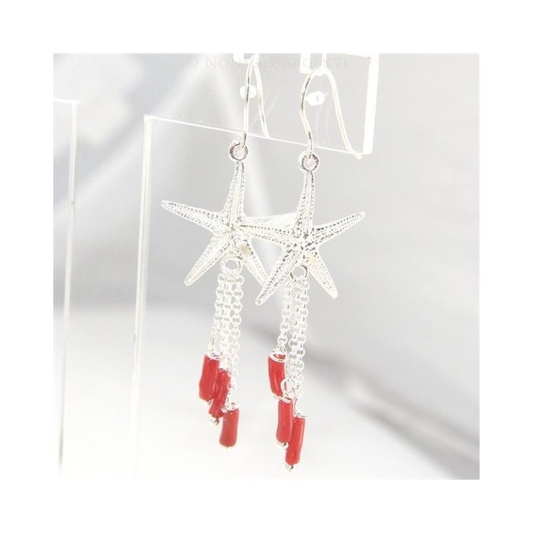 NSA|Orecchini donna Argento 925 stella marina grande e ciondoli barilotti di corallo verace