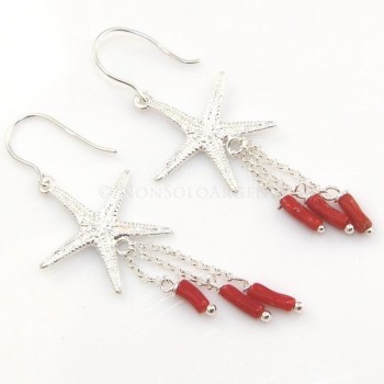 NSA|Orecchini donna Argento 925 stella marina grande e ciondoli barilotti di corallo verace