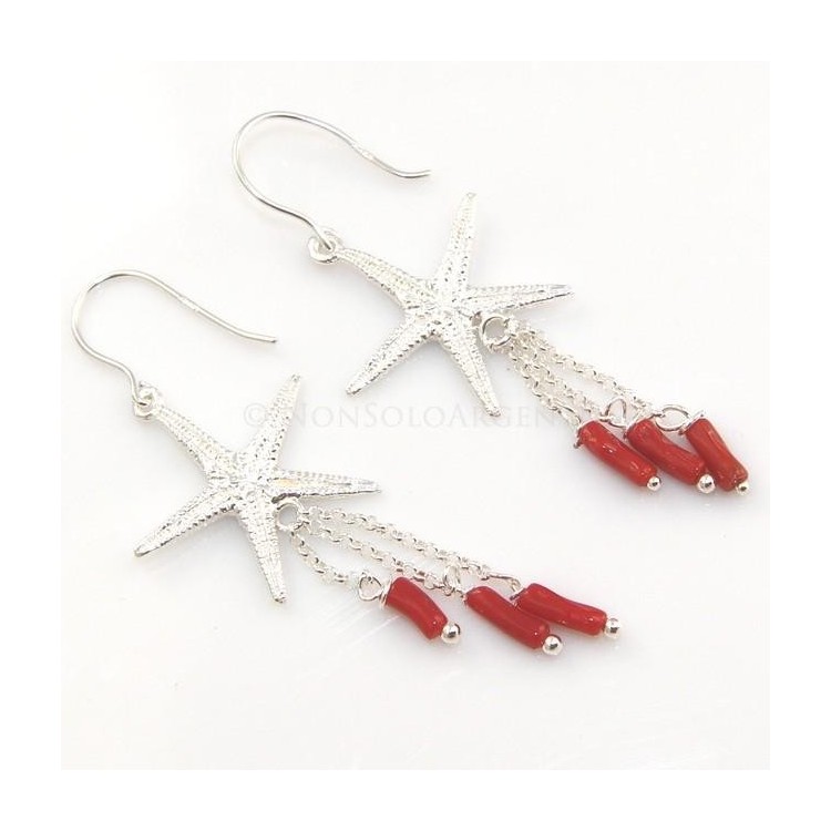 NSA|Orecchini donna Argento 925 stella marina grande e ciondoli barilotti di corallo verace