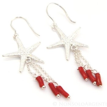 NSA|Orecchini donna Argento 925 stella marina grande e ciondoli barilotti di corallo verace
