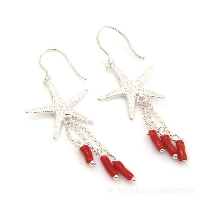 NSA|Orecchini donna Argento 925 stella marina grande e ciondoli barilotti di corallo verace