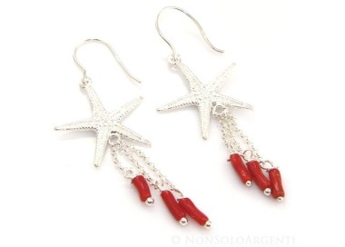 NSA|Orecchini donna Argento 925 stella marina grande e ciondoli barilotti di corallo verace