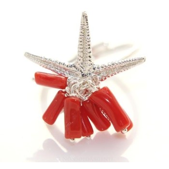 NSA|Anello corallo verace stella marina argento 925 ciuffi donna regolabile
