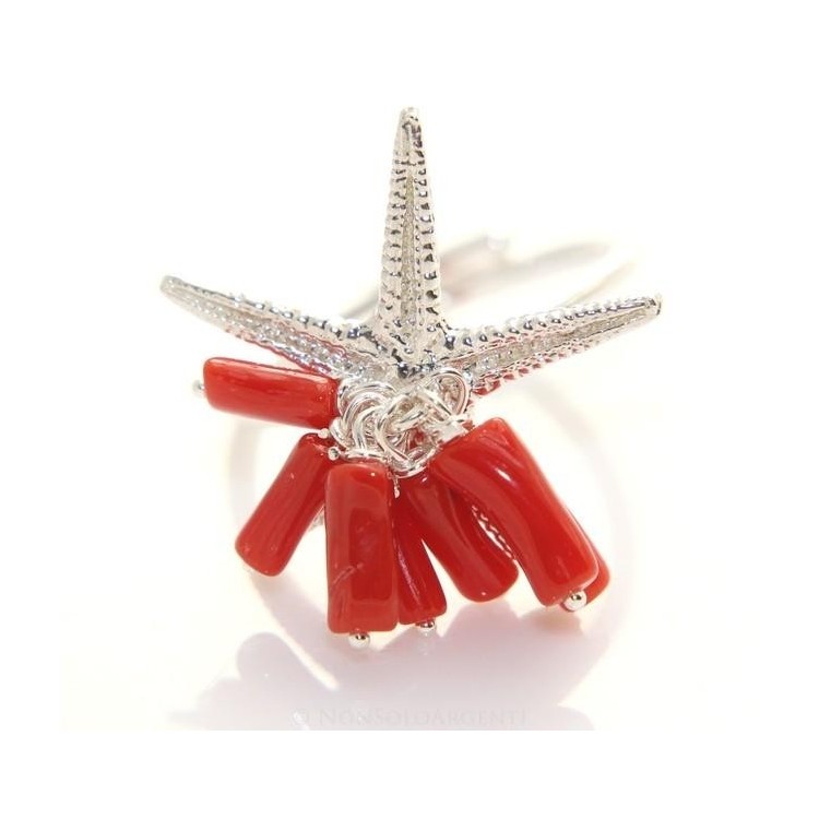NSA|Anello corallo verace stella marina argento 925 ciuffi donna regolabile