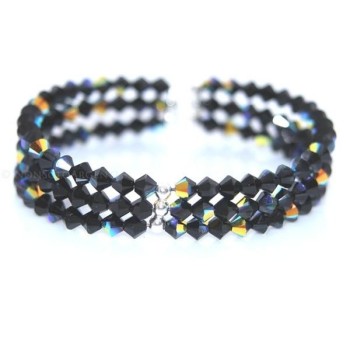 NSA|Bracciale Rigido Argento 925 Con 3 file di Swarovski Bicono JET AB NERO