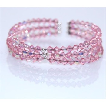NSA|Bracciale Rigido Argento 925 Con 3 file di Swarovski Bicono ROSA ROSE AB Rosa acceso