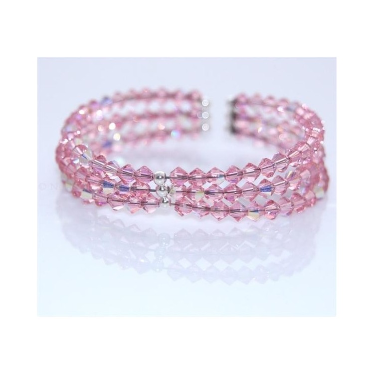 NSA|Bracciale Rigido Argento 925 Con 3 file di Swarovski Bicono ROSA ROSE AB Rosa acceso