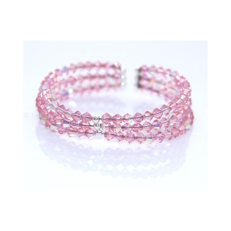 NSA|Bracciale Rigido Argento 925 Con 3 file di Swarovski Bicono ROSA ROSE AB Rosa acceso