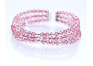 NSA|Bracciale Rigido Argento 925 Con 3 file di Swarovski Bicono ROSA ROSE AB Rosa acceso