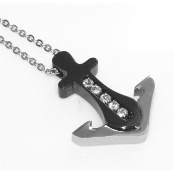 NSA|Acciaio  : Esclusiva collana rolo' uomo donna ciondolo ancora IP nero 5 zirconi bianchi