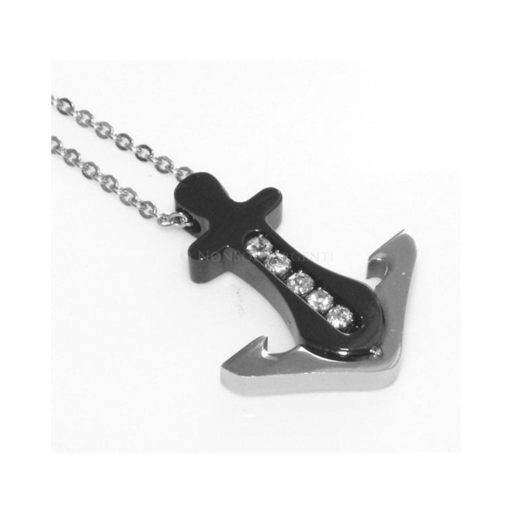 NSA|Acciaio  : Esclusiva collana rolo' uomo donna ciondolo ancora IP nero 5 zirconi bianchi