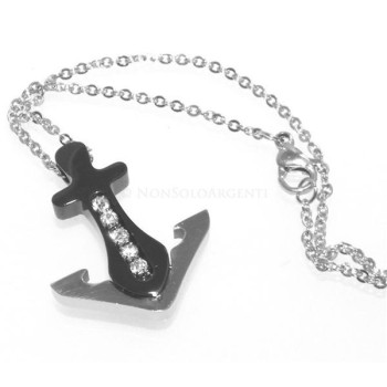 NSA|Acciaio  : Esclusiva collana rolo' uomo donna ciondolo ancora IP nero 5 zirconi bianchi