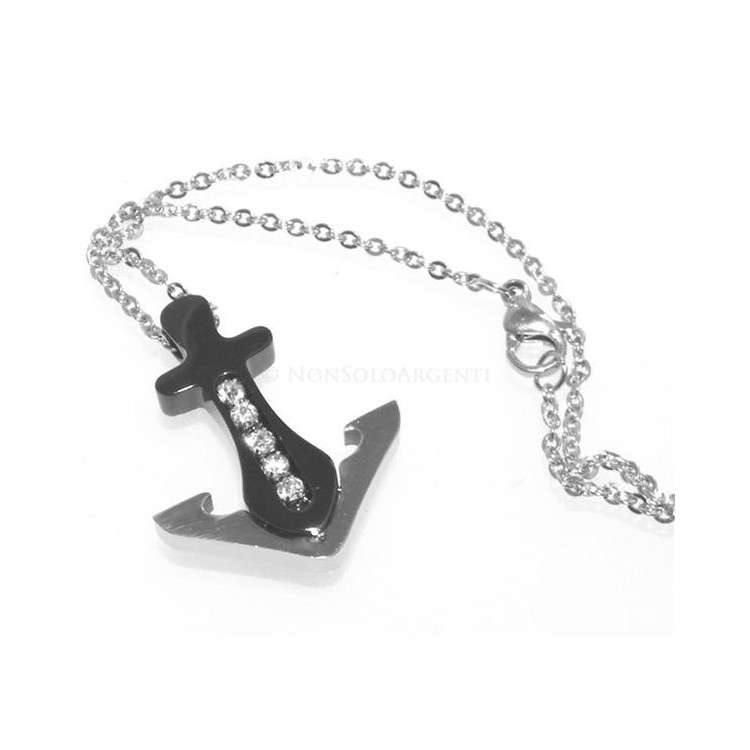 NSA|Acciaio  : Esclusiva collana rolo' uomo donna ciondolo ancora IP nero 5 zirconi bianchi