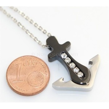 NSA|Acciaio  : Esclusiva collana rolo' uomo donna ciondolo ancora IP nero 5 zirconi bianchi