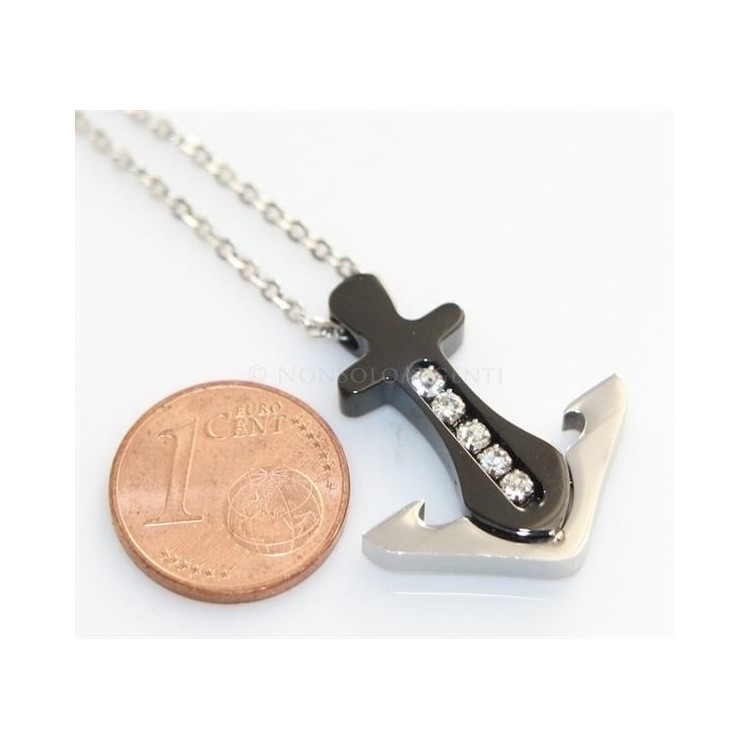 NSA|Acciaio  : Esclusiva collana rolo' uomo donna ciondolo ancora IP nero 5 zirconi bianchi