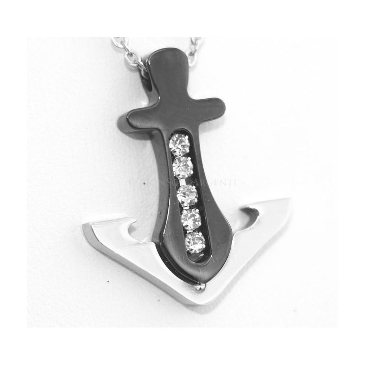 NSA|steel and zircon anchor black ip necklace for men