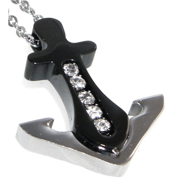 NSA|collana acciaio e zirconi ancora ip nero per uomo