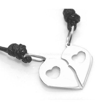 NSA|Acciaio  : pendente doppio laccio cuore spezzato acciaio con cuoricino lui e lei