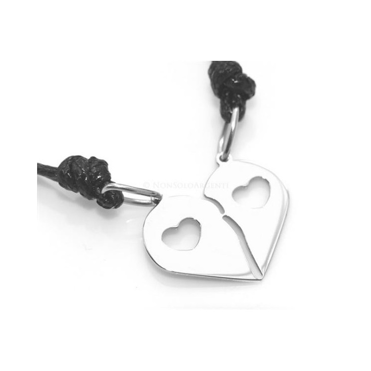 NSA|Acciaio  : pendente doppio laccio cuore spezzato acciaio con cuoricino lui e lei