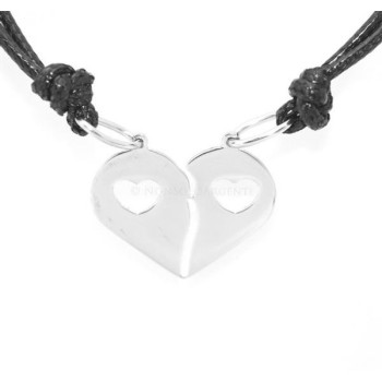 NSA|Acciaio  : pendente doppio laccio cuore spezzato acciaio con cuoricino lui e lei