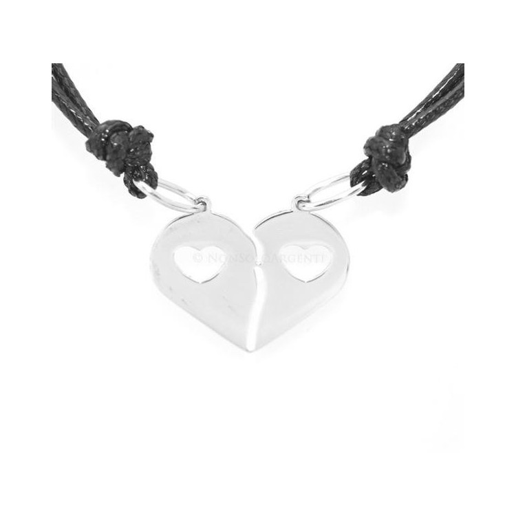 NSA|Acciaio  : pendente doppio laccio cuore spezzato acciaio con cuoricino lui e lei