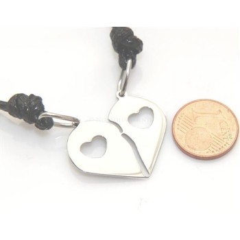 NSA|Acciaio  : pendente doppio laccio cuore spezzato acciaio con cuoricino lui e lei