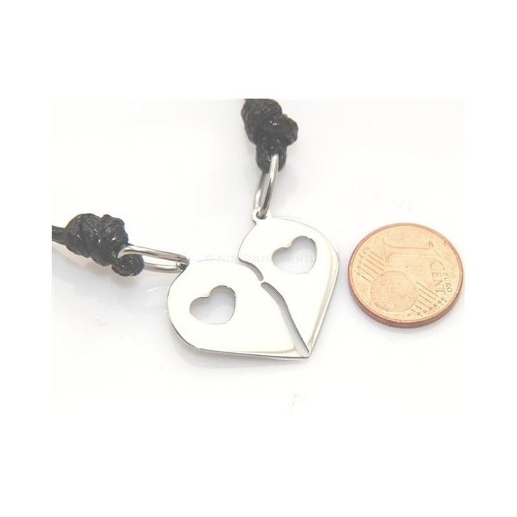 NSA|Acciaio  : pendente doppio laccio cuore spezzato acciaio con cuoricino lui e lei