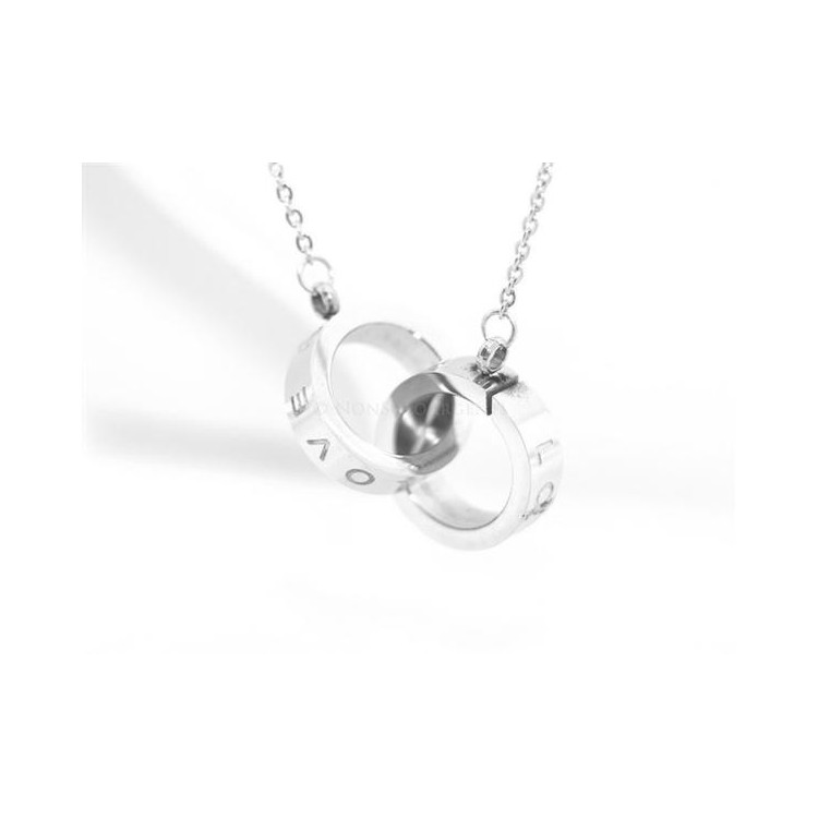 NSA|Acciaio al titanio : collana rolo' con centrale anelli cerchi intrecciati scritta LOVE