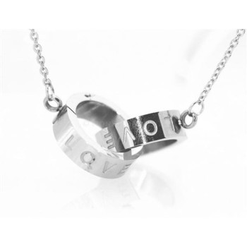 NSA|Acciaio al titanio : collana rolo' con centrale anelli cerchi intrecciati scritta LOVE