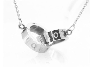 NSA|Acciaio al titanio : collana rolo' con centrale anelli cerchi intrecciati scritta LOVE