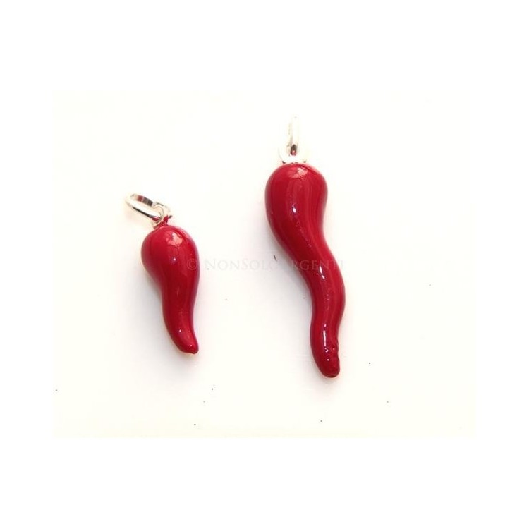 NSA|Ciondolo Argento 925 : Amuleto corno cornetto rosso - charme medio o grande